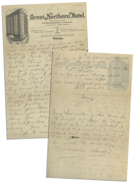 Moe Howard Handwritten Partial Letter Signed ''Mosey'' to Helen, Circa 1924 -- 2pp. on 6'' x 9.5'' Sheet of Chicago Hotel Stationery -- Very Good